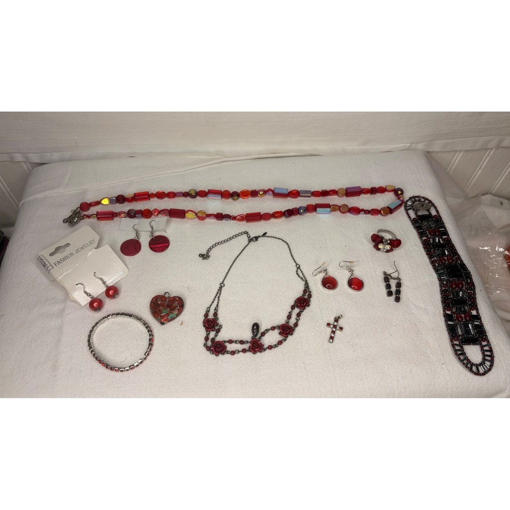 Red Black Jewelry Lot Rose Choker Beaded Necklace Earrings Bracelet Cross Heart
